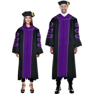Graduation Doctoral Gown Hood & Tam 8 Sided Gold piping Purple Regalia size 48
